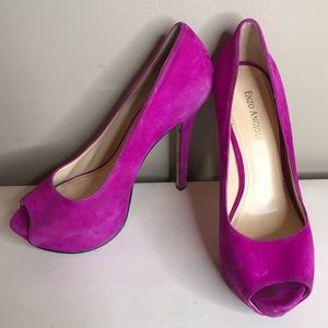 Magenta Suede Open Toe Pumps